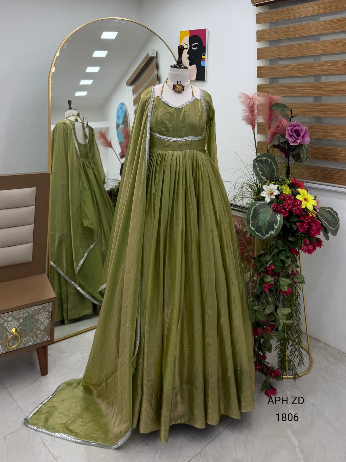 Elegant Olive Green Designer Anarkali Gown